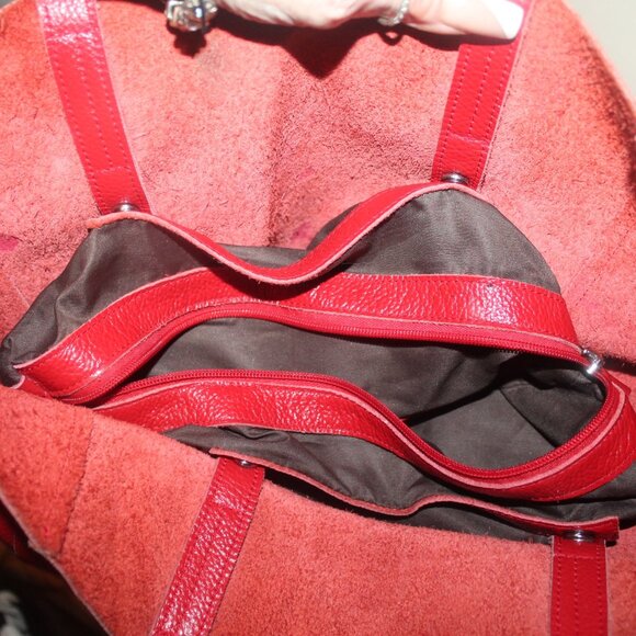 Large Soft True Red Pebbled Leather Shopper Tote Shoulder Bag w Snap in Pocket - Picture 3 of 9